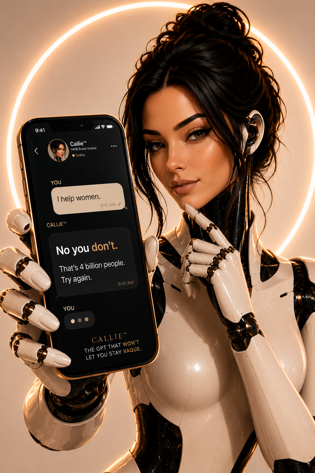Conversation screenshot showing Callie saying no you don't, that's 4 billion people, try again